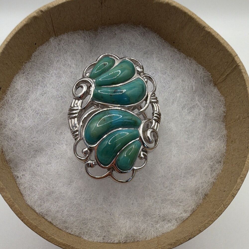 BBJ 925 Sterling Silver , Signed Green Turquoise Cluster Cocktail Ring Size 12
